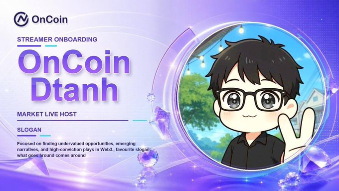 An 'OnCoin Dtanh' streamer onboarding card featuring a chibi anime avatar in a circular frame with text about market live hosting.