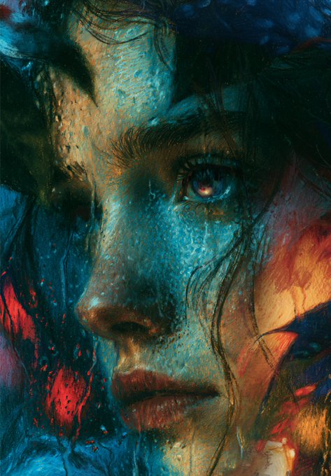 A stylized digital painting of a woman's face with striking blue eyes and wet skin, rendered in rich blue and red tones with a melancholic expression.