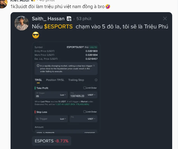 The image shows a social media post by "Saith_Hassan" featuring a crypto trading screenshot for the $ESPORTS token, which is down 8.73%, with the user boasting that if it reaches 5 cents, he'll be a millionaire (referencing a $1.3 million USDT take profit target). The accompanying caption mocks this ambition, pointing out that with only 1,300 USDT, achieving millionaire status would require astronomical price growth—illustrating how crypto fuels outsized dreams relative to modest starting capital.