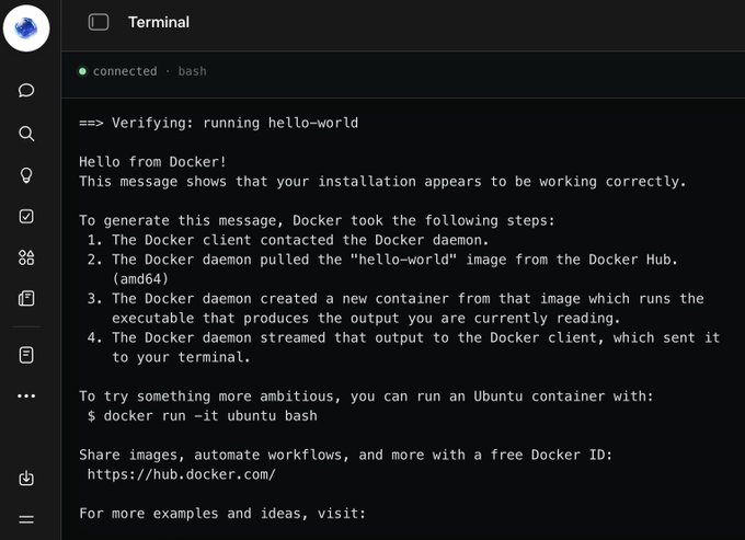 A Docker terminal window in a code editor showing the 'hello-world' container verification output with the message 'Hello from Docker!' and instructions for trying Ubuntu.