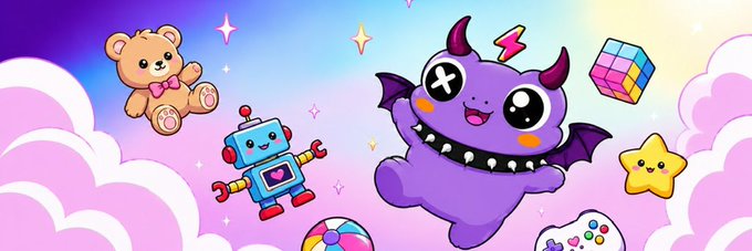 A colorful cartoon illustration features a purple devil-like creature with horns, bat wings, and a lightning bolt, surrounded by playful elements including a teddy bear, robot, Rubik's cube, star, and a game controller against a pastel sky with clouds. The whimsical art style perfectly complements the announcement of the Voltoads NFT collaboration, matching the project’s fun, collectible theme.