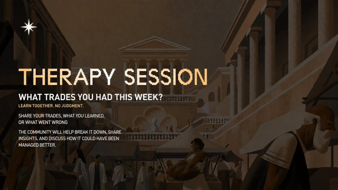 A promotional graphic with a classical Roman/Greek architectural background in warm sepia tones displays the heading "THERAPY SESSION" and the prompt "WHAT TRADES YOU HAD THIS WEEK?" with text inviting community members to share trades, lessons, and insights in a judgment-free setting. The image ties directly to the post announcing a Saturday therapy session event on Discord hosted by @bulktrade, where traders gather to discuss recent trades and share lessons learned.