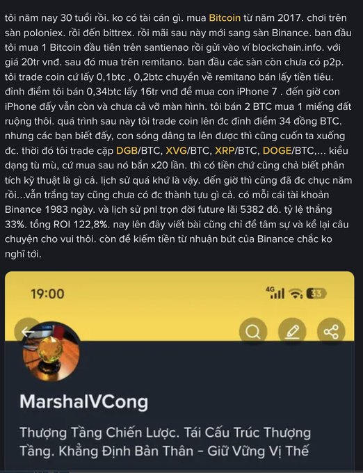 A Vietnamese Facebook post by user "MarshalVCong" recounts the poster's crypto journey from first buying 1 BTC in 2017 to peaking at 34 BTC (now worth ~$2.78M), only to have lost everything, with the bio reading "Thương Tặng Chiến Lược. Tái Cấu Trúc Thường Tầng. Khẳng Định Bản Thân – Giữ Vững Vị Thế." (Reward Strategy. Restructure the Norm. Affirm Yourself – Hold Your Position.)