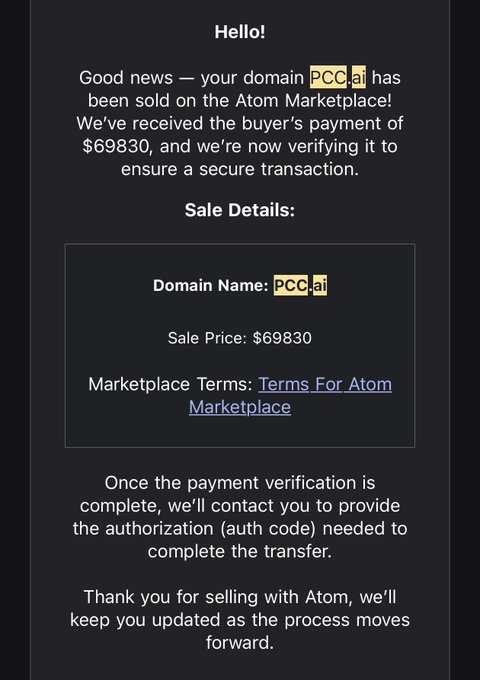 In the image, there's a webpage with text that says "Hello!". Below this, the text is about buying Pcc.ai coins for sale at $6,890. The web page also mentions that the payment has been completed, and a customer service representative can be reached via email.