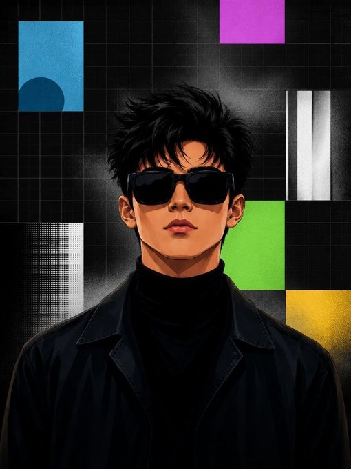 An artistic illustration of a young man with messy black hair wearing sunglasses and a black turtleneck, set against a dark background with colorful geometric shapes.
