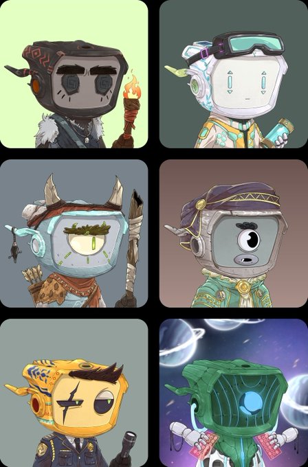 Six illustrated character portraits arranged in a grid, featuring various anthropomorphic figures with box-shaped heads, including a torch-bearer, a unicorn-hooded figure, a horned helmet character, a jester, and a green-skinned underwater character with bubble effects.