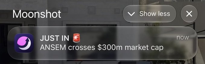 A Moonshot app notification displays breaking news stating "ANSEM crosses $300m market cap" with a "JUST IN" label, corroborating the post's claim about the memecoin reaching a $300 million valuation alongside SOL's rise from $67 to $82 in under two weeks.