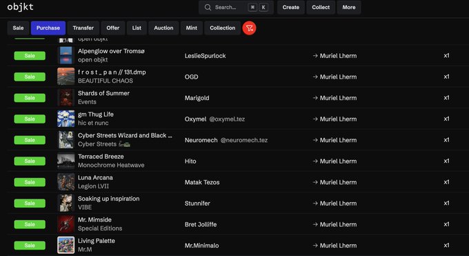 A screenshot of the "objkt" NFT marketplace showing a "Purchase" tab with various digital art items listed for sale by sellers like OGD, Marigold, and Oxymel to buyer Muriel Lherm.