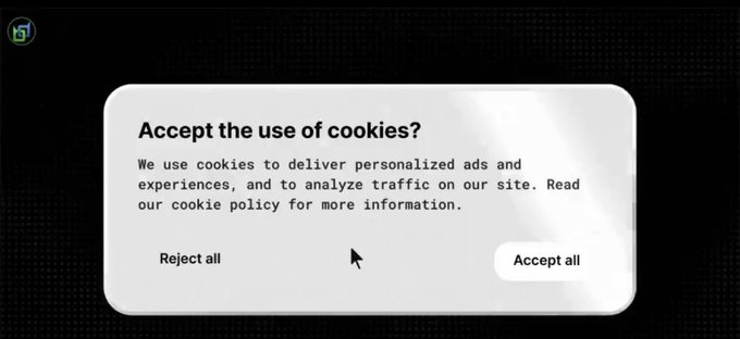 A pop-up window on a dark background asks 'Accept the use of cookies?' with 'Reject all' and 'Accept all' buttons.