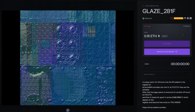 An NFT marketplace listing titled 'CONTRACTION' shows the artwork 'GLAZE_281F' priced at 0.15 ETH, with purple buttons for 'SALE PRICES' and 'BROWSE ON SECONDARY'.