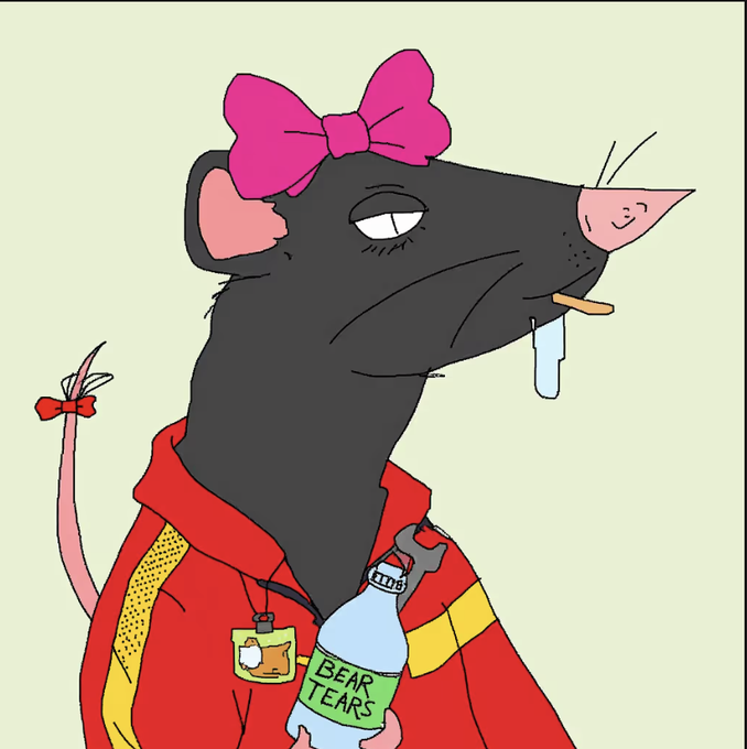 A cartoon illustration of a tired-looking rat or mouse wearing a pink bow, a red hoodie, and holding a bottle labeled 'BEAR TEARS'.