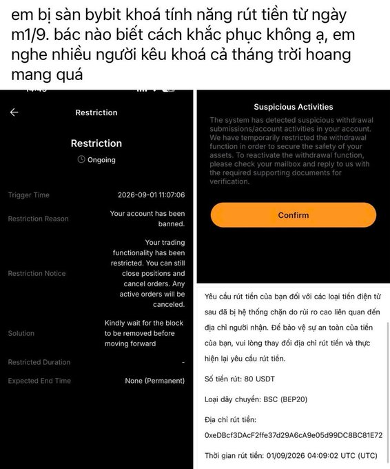 A Vietnamese social media post showing a user's account restriction notice and a "Suspicious Activities" warning from what appears to be a cryptocurrency exchange.