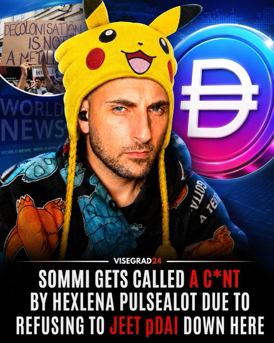The image displays a meme with the text "SOMMI GETS CALLED A C*NT BY HEXLENA PULSEALOT DUE TO REFUSING TO JEET pDAI DOWN HERE" and a stylized logo for "pDAI." The post relates by referencing "Network Effects" and "Community," implying that the event depicted may be related to the strength or weakness of a cryptocurrency community.