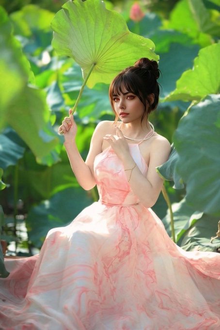 A young woman in a flowing pink and white dress sits among large green lotus leaves, holding one up over her head like a parasol.