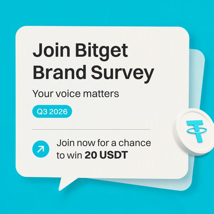 A speech bubble graphic promotes the "Join Bitget Brand Survey" with the tagline "Your voice matters," highlighting a Q3 2026 draw to win 20 USDT, alongside a USDT (Tether) coin icon. The image visually reinforces the post's call to action for community members to participate in Bitget's survey for a chance to win a share of 500 USDT.