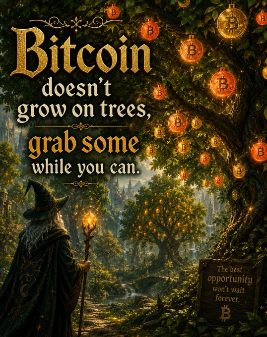 The image features a man dressed as a wizard, standing under a tree with many orange lights hanging from its branches. The text "BITCOIN doesn't grow on trees. Grab some while you can." is written above him. This quote seems to be related to Bitcoin or cryptocurrency in some way, possibly indicating that the man is trying to convey a message about investing in Bitcoin or understanding its value and growth potential.