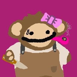 The image features a cartoon monkey wearing overalls, holding a knife with its mouth open wide as if ready to eat something or someone. The background of the image is pink, which contrasts with the brown color of the monkey's overalls. The caption at the bottom of the image reads "Bitcoin Puppets are still my favorite ordinals after all these years feels like decades of puppets the highs/lows the stupidity/brilliance the tears/ecstasy the gay/sr8t through it all world peace is always inner peace".