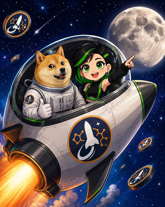 A cartoon-style digital illustration of a Shiba Inu dog in a spacesuit and a green-haired anime-style girl riding in a rocket ship through space with the moon in the background, surrounded by crypto token coins featuring a knife/blade logo.