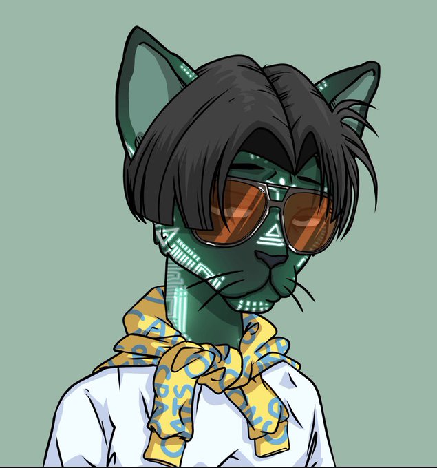 A digital illustration depicts a humanoid cat character with a metallic green face, wearing orange sunglasses, a white shirt, and a yellow patterned scarf.