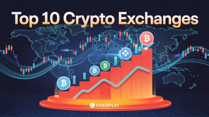 A 'Top 10 Crypto Exchanges' graphic by Chainplay displays an ascending bar chart with Bitcoin, Binance, and other crypto logos over a world map background.