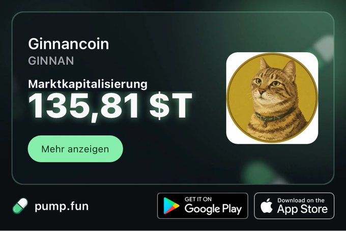A promotional graphic for 'Ginnancoin' (GINNAN) on pump.fun showing a market cap of $135,810,000 and a logo featuring a cat.