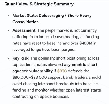 A text-based 'Quant View & Strategic Summary' discussing the crypto market state as 'Deleveraging / Short-Heavy Consolidation,' noting that over $480M in leveraged longs have been purged and warning of an 'asymmetric short squeeze vulnerability' if $BTC defends the $80,000–$83,000 support band.