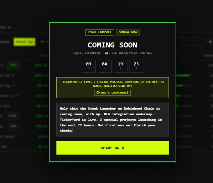 A dark-themed "Coming Soon" countdown interface for the Stonk Launcher shows 03 days, 04 hours, 19 minutes, and 23 seconds until launch, with a ticker announcing "TICKERYARD IS LIVE. 3 SPECIAL PROJECTS LAUNCHING IN THE NEXT 72 HOURS." The image aligns with the post's anticipation of the Stonk Launcher going live, reinforcing the excitement over imminent token launches like $CLOCKIN, $SLEUTH, and $Oakmont.
