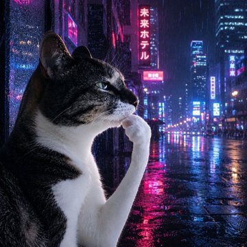 A black and white cat is superimposed against a cyberpunk city street background at night, with the cat appearing to touch its chin in a thoughtful pose under pink and blue neon lights.