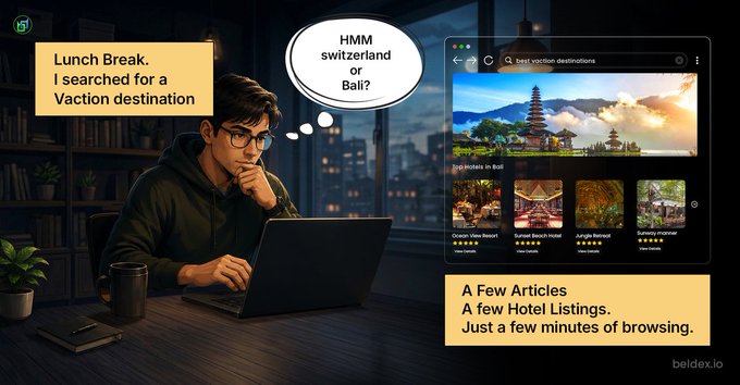 A digital illustration of a man thinking during a 'Lunch Break' while searching for a 'Vaction destination,' depicted as a browser showing destinations like 'Hindu Temple in Bali' and 'Cosen View Beach,' with text noting he read 'A few Articles, A few Hotel Listings.'