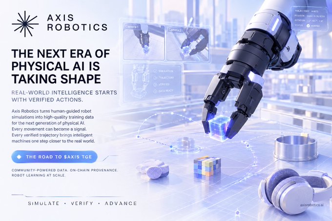 An advertisement for Axis Robotics titled 'The next era of physical AI is taking shape,' showing a robotic arm simulating object manipulation alongside text about verified data actions.
