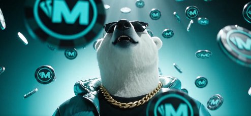 An anthropomorphic bear wearing sunglasses, a teal jacket, and a gold chain stands with its head tilted back among floating coins marked with an 'M' logo on a teal background.