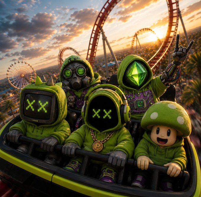 A group of stylized characters in green hoodies with digital and monster faces ride a roller coaster at an amusement park during sunset.