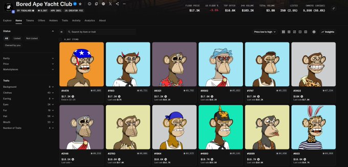 A screenshot of the 'Bored Ape Yacht Club' NFT collection page shows various cartoon ape avatars with different traits, displaying a floor price of 17.3K ETH.