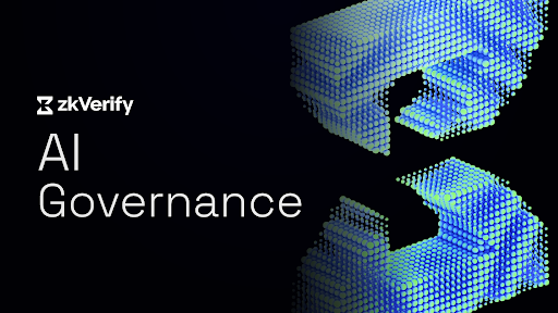 A black promotional graphic shows the “zkVerify” logo and the words “AI Governance” beside a blue pixelated hand making a pinching gesture.