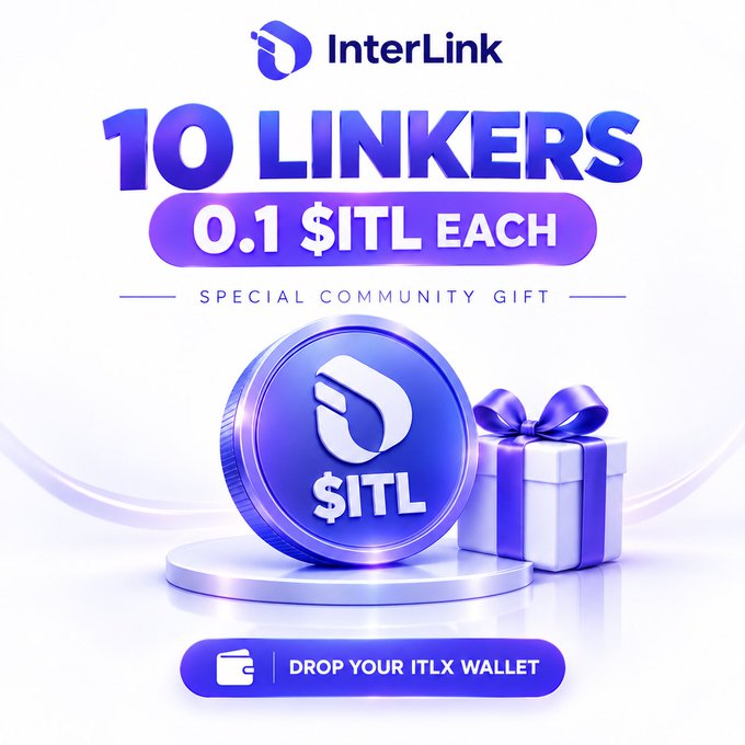 A promotional graphic for InterLink announces "10 LINKERS" as a special community gift of 0.1 $ITL each, featuring a large blue $ITL coin next to a gift-wrapped box. At the bottom, a button invites participants to "DROP YOUR ITLX WALLET," matching the caption's giveaway instructions to comment a wallet address for a chance to win.