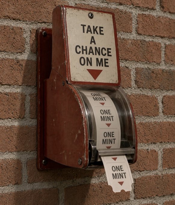 A red vintage-style wall-mounted dispenser mounted on a brick wall with a sign reading 'TAKE A CHANCE ON ME,' dispensing tickets that say 'ONE MINT' with a downward arrow.