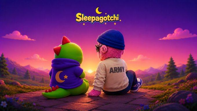 A digital illustration with the text "Sleepagotchi" showing a green dinosaur plushie and a pink character with a blue beanie wearing a jacket labeled "ARMY" sitting together watching a sunset.