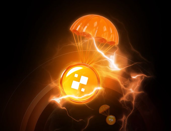 A digital illustration shows a glowing orange Binance (BNB) coin descending with a parachute, surrounded by electric energy effects against a dark background.