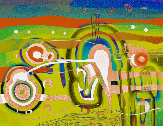 A vibrant abstract digital artwork featuring bright yellow, green, and orange hues with distorted organic shapes and figures, titled "Space scream (yellow)" as referenced in the accompanying post about collecting the piece on objkt.com.
