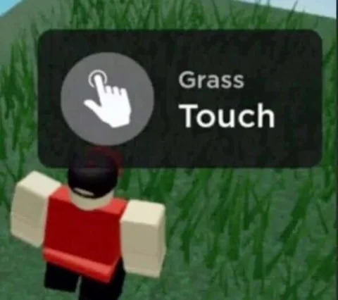 A Roblox character stands in a grassy field beneath a "Grass Touch" prompt with a hand icon, humorously illustrating the post's reference to "touching grass" while waiting for NFTs.