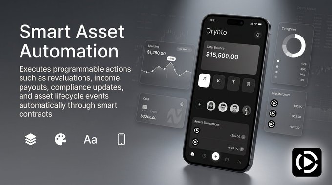 A promotional graphic for "Orynto" titled "Smart Asset Automation" shows a smartphone displaying a balance of $15,500.00 alongside text describing programmable actions like revaluations and payouts.