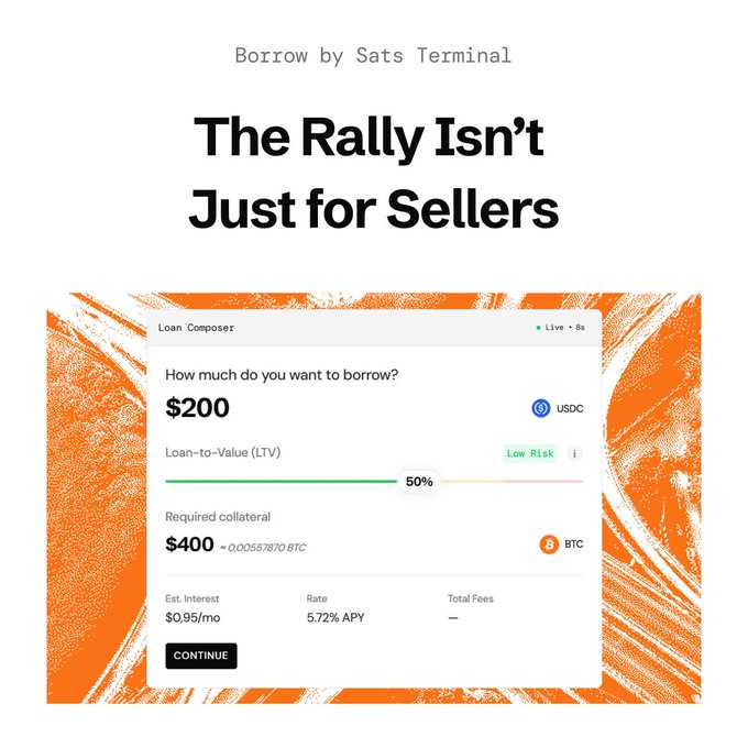 A promotional graphic for Sats Terminal with the headline 'The Rally Isn't Just for Sellers,' showing a Loan Composer interface for borrowing $200 USDC against BTC collateral at 50% LTV with 5.72% APY.