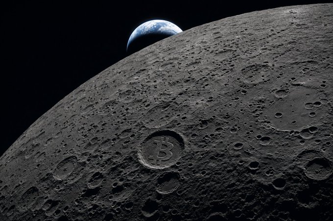 A black-and-white photograph of the Moon's cratered surface with Earth visible in the background, featuring a prominent Bitcoin '₿' symbol on one of the craters.