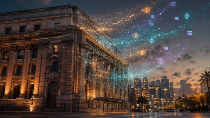 The image depicts a classical, neoclassical-style building illuminated at dusk, with a modern city skyline visible in the background. Streams of glowing cryptocurrency symbols—including Bitcoin ($BTC), Ethereum ($ETH), and Solana ($SOL)—flow across the sky above the building, visually representing the integration of digital assets into traditional banking infrastructure. This imagery aligns with the post's announcement of Bank Leumi partnering with Galaxy to bring Bitcoin, Ethereum, and Solana trading into its investment app by early 2027.
