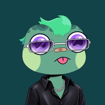 A cartoon illustration of a green-skinned character with slicked-back green hair, wearing purple sunglasses, a black shirt, and a silver chain necklace, with a small bandage across the bridge of their nose.