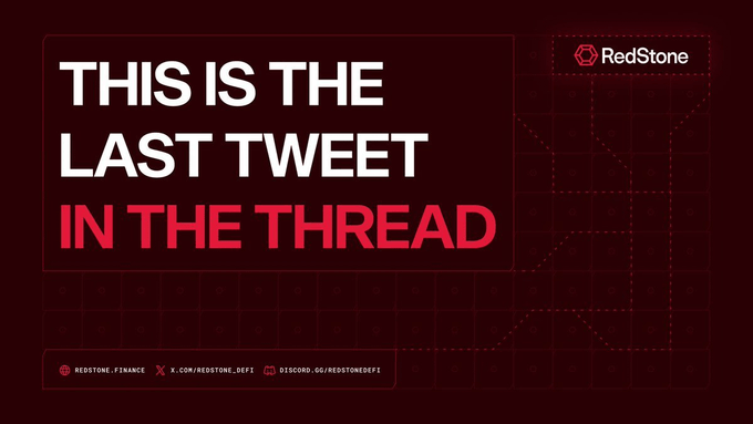 A dark red graphic with white and red text reading 'THIS IS THE LAST TWEET IN THE THREAD' alongside the 'RedStone' logo and social media handles.