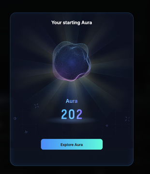 A dark mobile app screen titled 'Your starting Aura' displaying an organic glowing shape with rays, labeled 'Aura 202' above an 'Explore Aura' button.