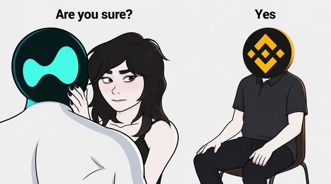 A cartoon illustration shows a woman looking seductively at a figure labeled "Are you sure?" with a teal icon, while another figure on the right labeled "Yes" has a Binance logo for a head.
