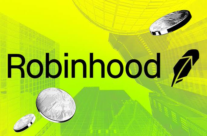 A bright yellow and green graphic displaying the Robinhood logo with floating silver coins representing cryptocurrency.