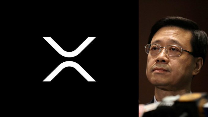 The image shows the white XRP logo on a black background alongside a photograph of a man with glasses in a dark suit, likely taken at a press conference or formal event. The XRP logo visually represents the cryptocurrency being discussed in the post about OSL launching XRP trading pairs in Hong Kong.